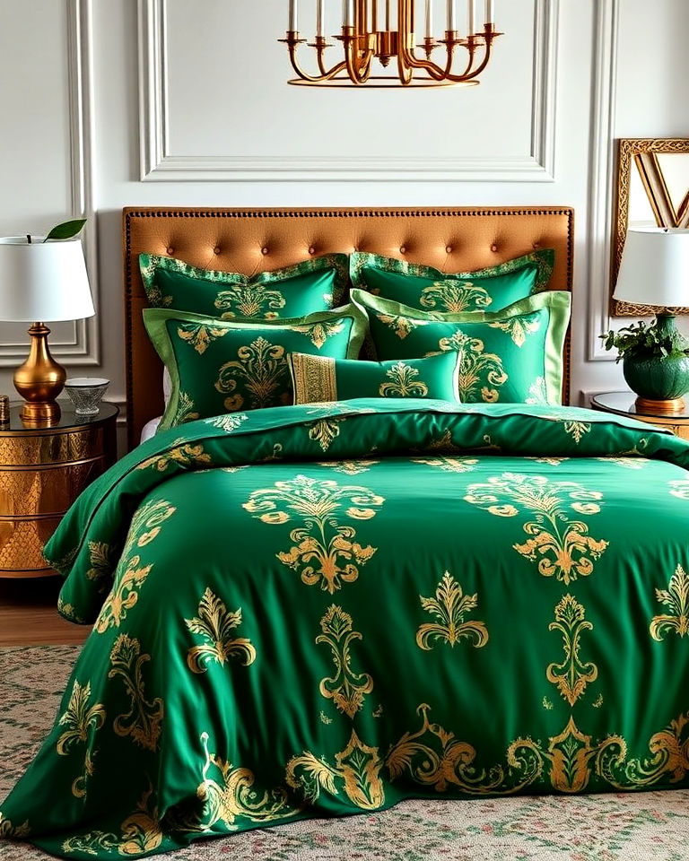 gold and emerald green bedding set