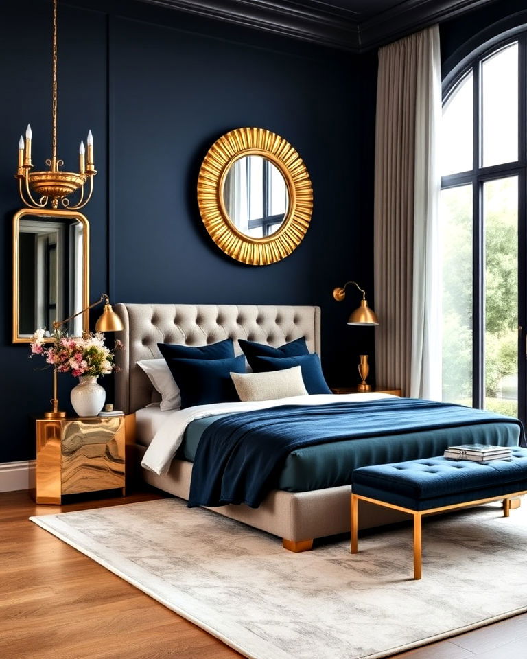 gold and navy combination bedroom