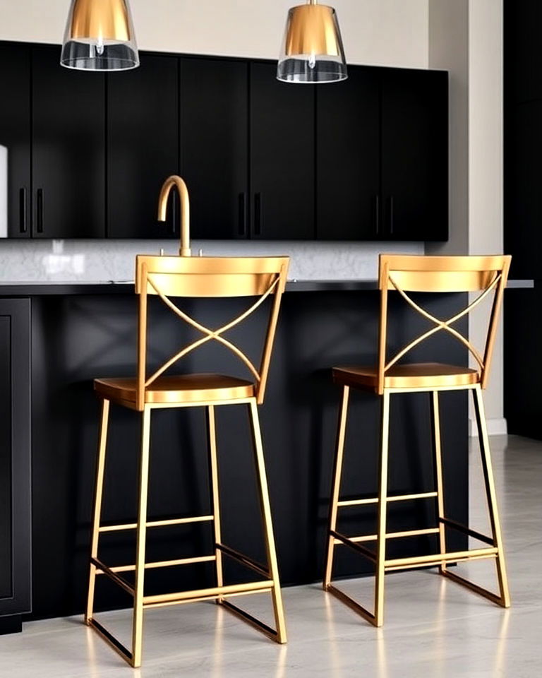 gold bar stools against a black island