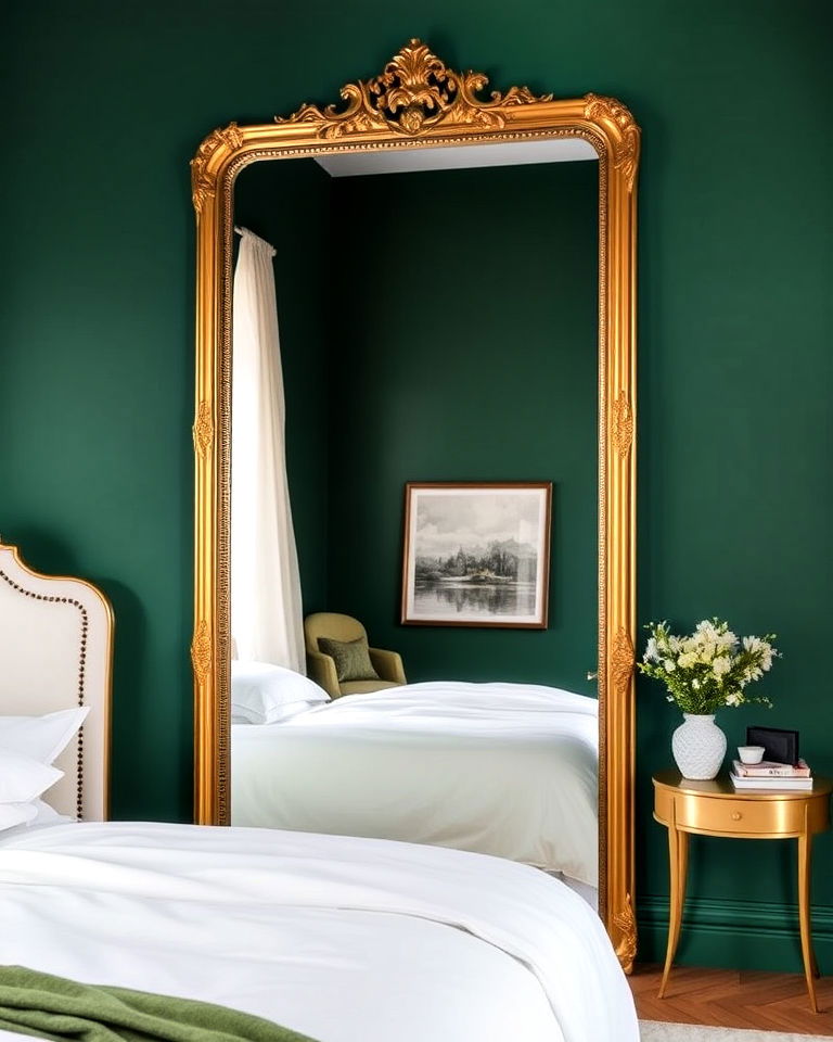gold framed mirror on emerald green wall