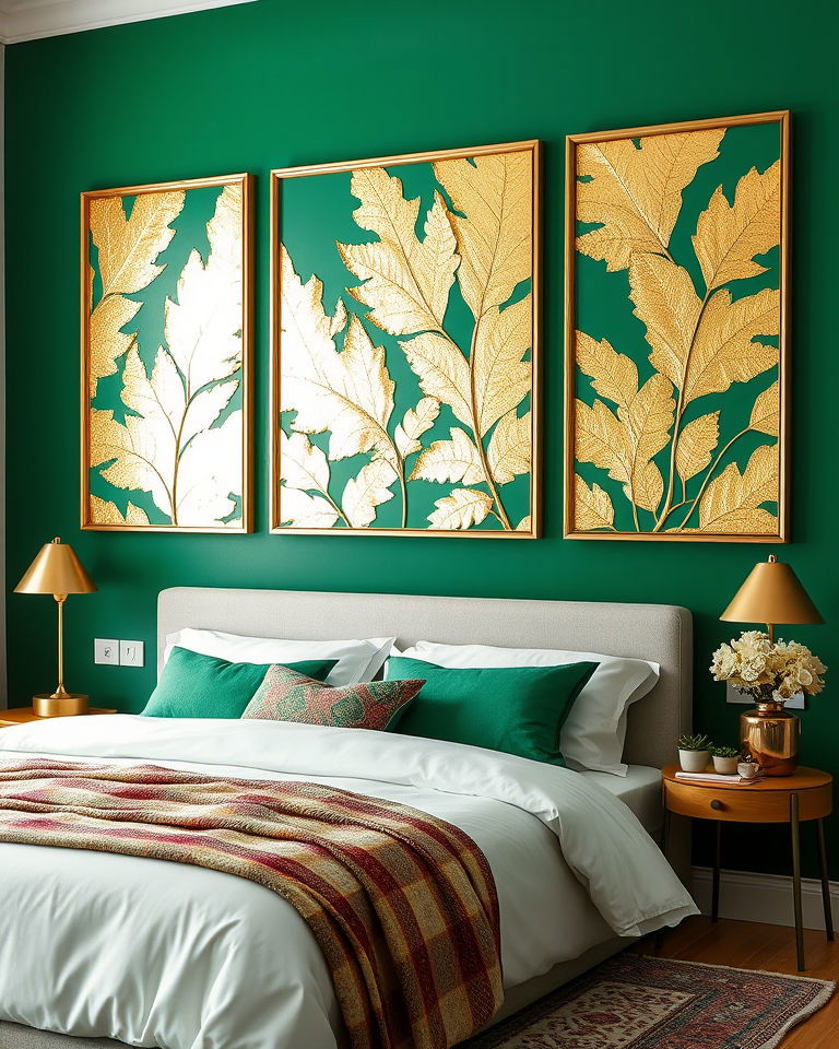 gold leaf wall decor on emerald green background