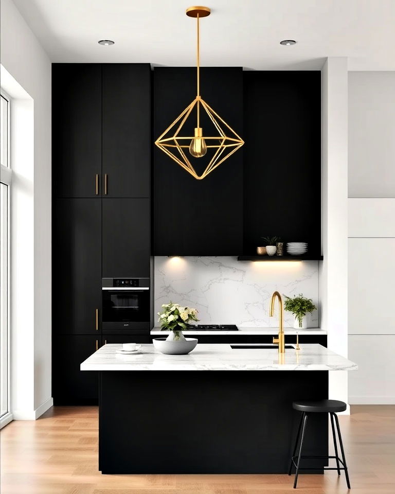 gold pendant lights over an island