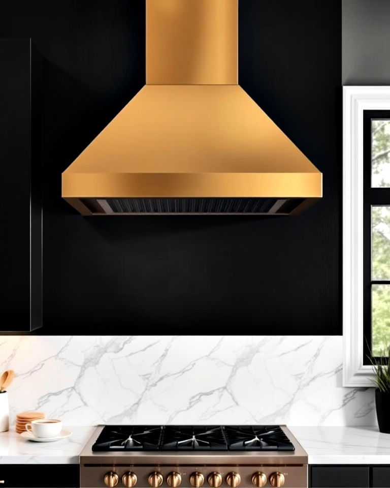 gold range hood against a black wall
