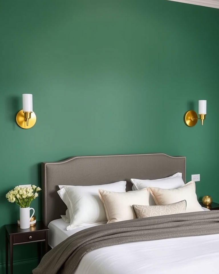 gold sconces on emerald green walls bedroom
