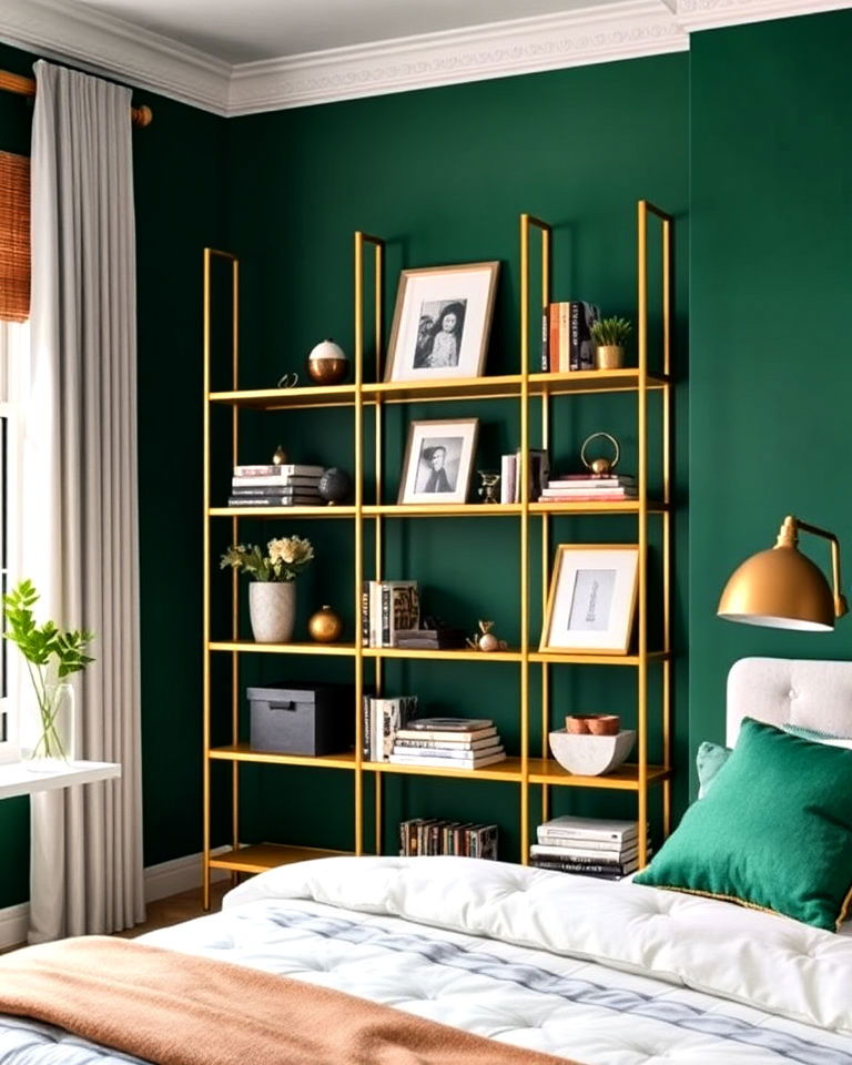 gold shelving against emerald green walls
