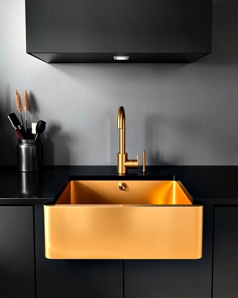 gold sink with black countertops