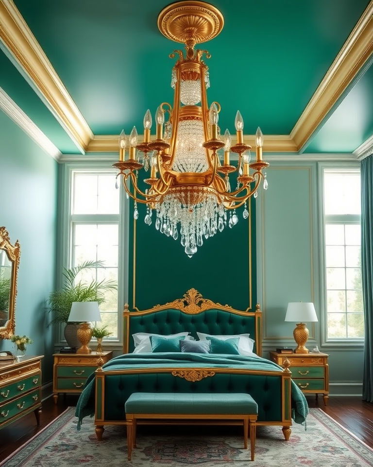 gold statement chandelier in a green room