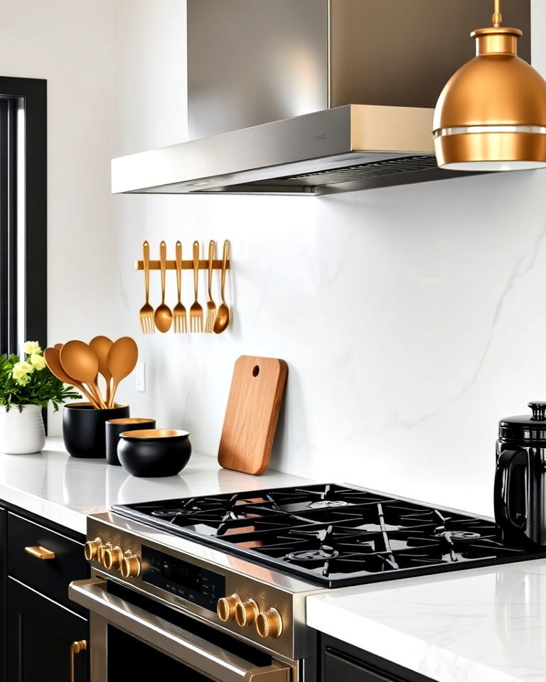 gold utensils and black countertop accessories