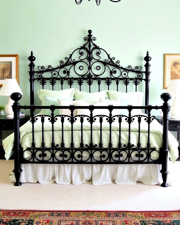 gothic bed frame with pastel linens