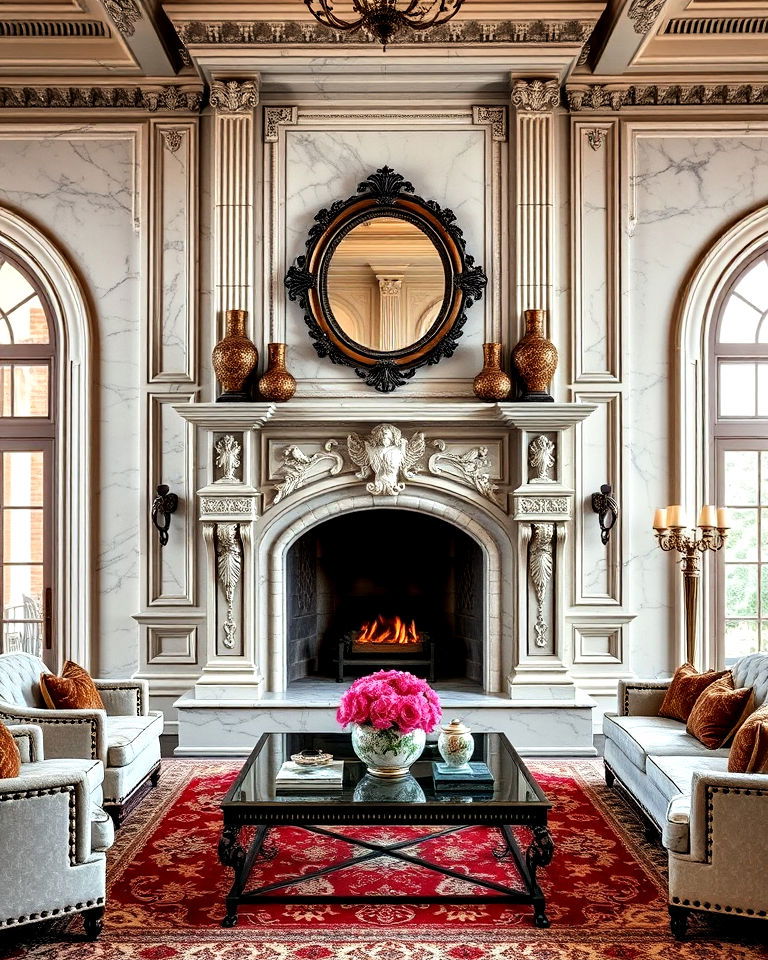 grand fireplace as the heart of a royal living room