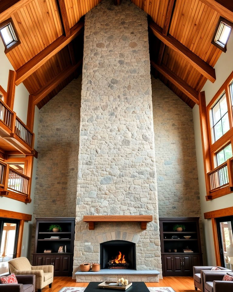 grand stone fireplace with vaulted ceilings in a lodge