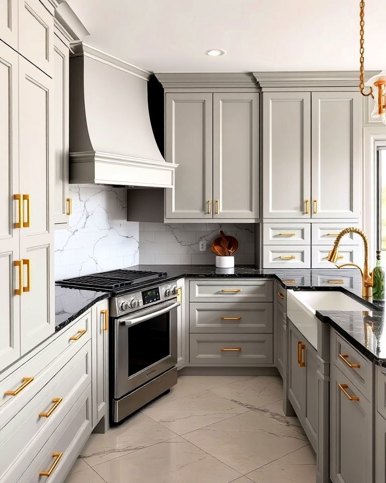 gray cabinet with black marble countertop
