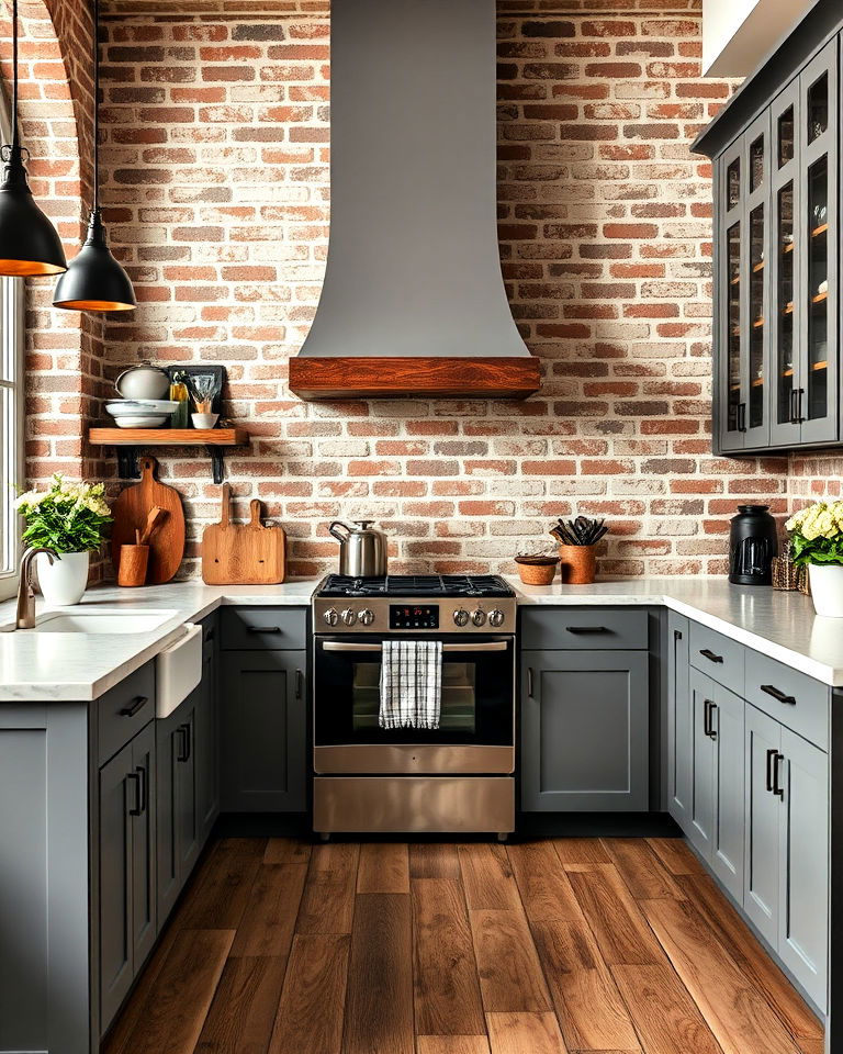 gray cabinets paired with exposed brick
