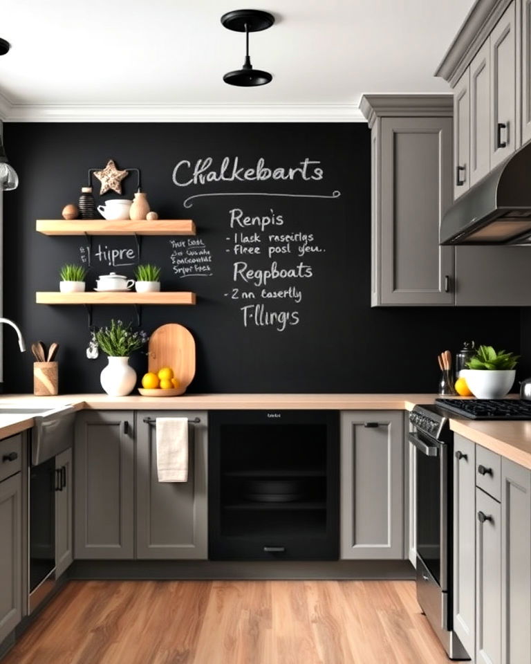 gray cabinets with a chalkboard wall