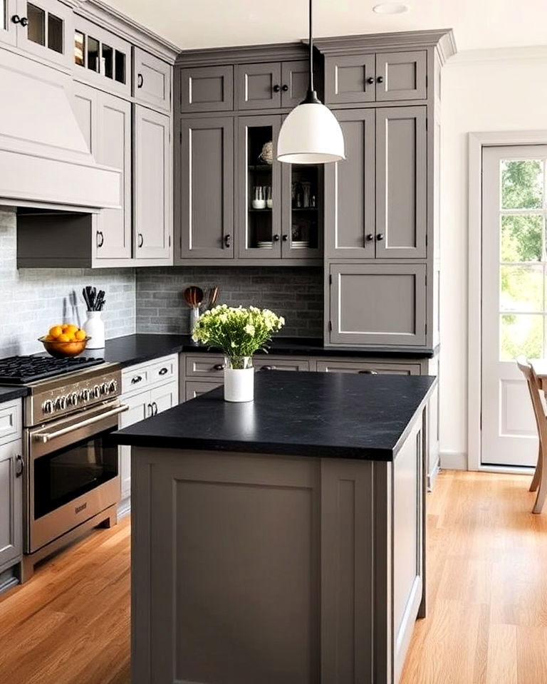 gray cabinets with black butcher block countertop