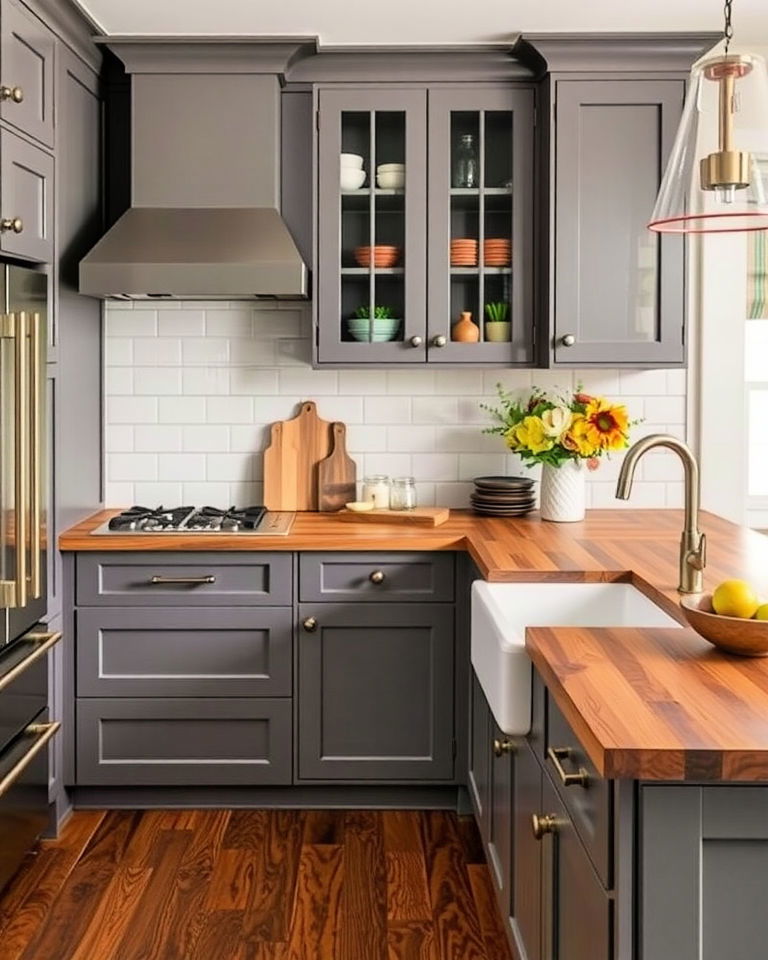gray cabinets with black butcher block countertops