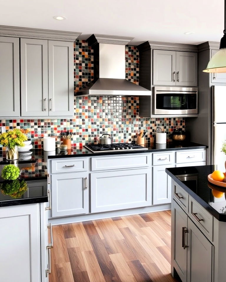 gray cabinets with black countertop and bold backsplash