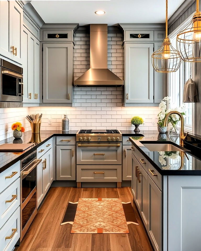 gray cabinets with black countertop and brass accents
