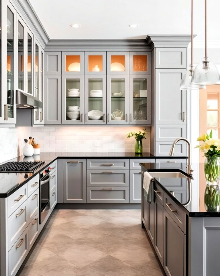 gray cabinets with black countertops and glass front cabinets