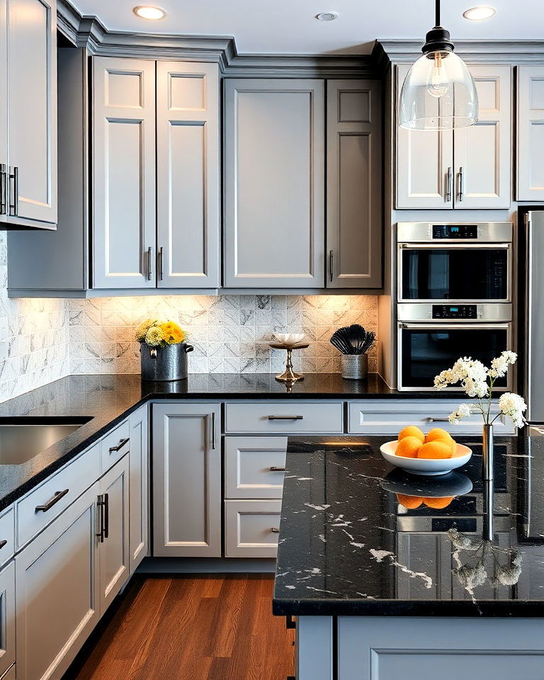 gray cabinets with black granite countertops