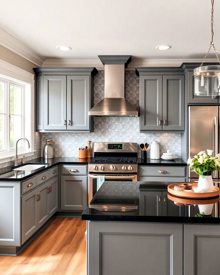 gray cabinets with black laminate countertop