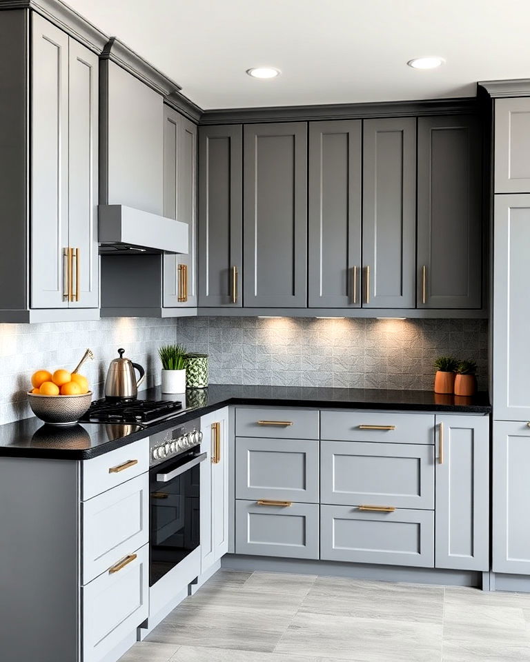 gray cabinets with black quartz countertop
