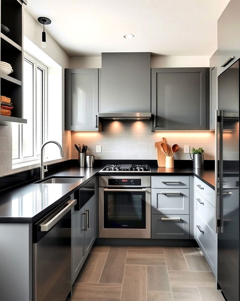 gray cabinets with black stainless steel countertop