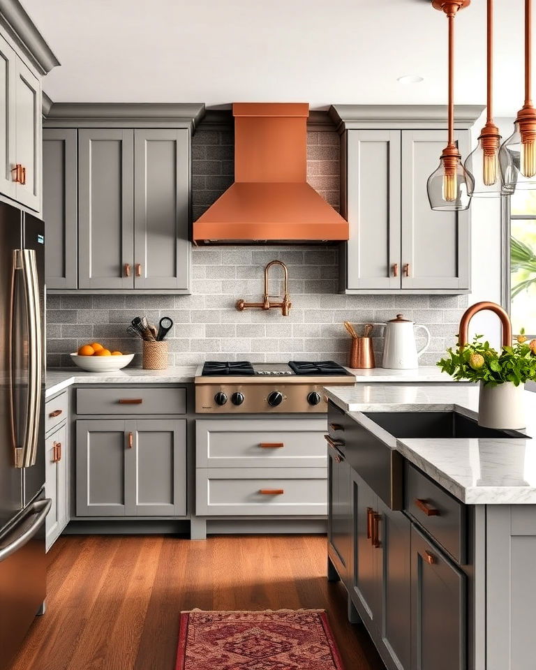 gray cabinets with copper accents