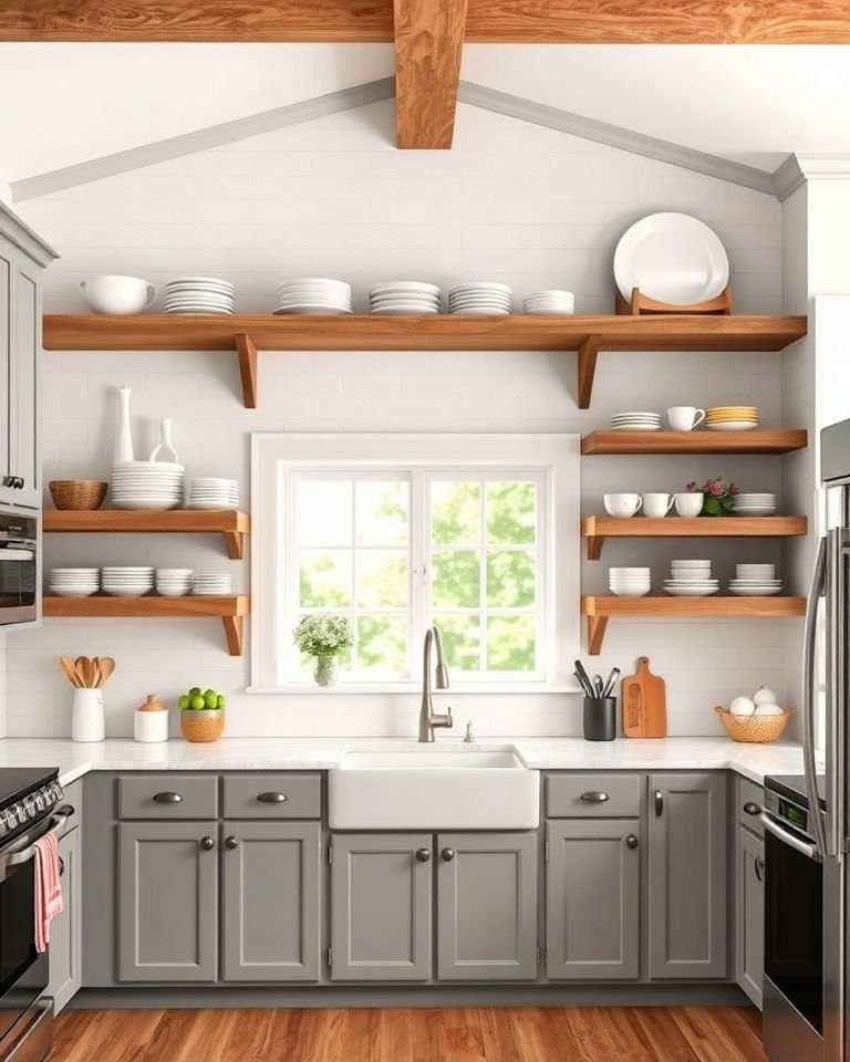 gray cabinets with open shelving