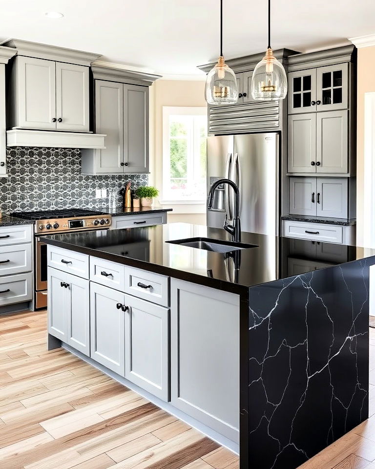 gray cabinets with waterfall edge black countertop