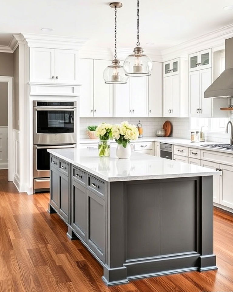 gray island with white perimeter cabinets