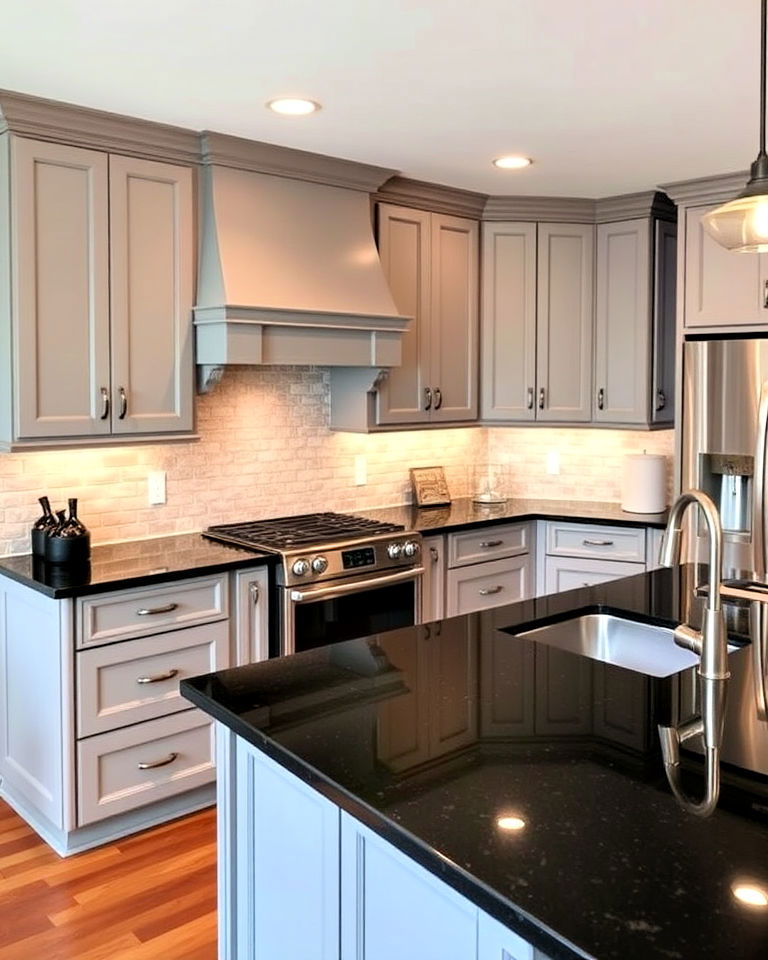 gray shaker cabinets with black granite countertop