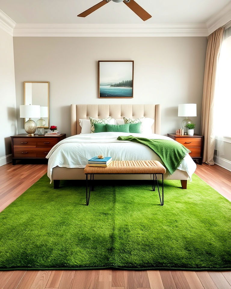 green accent rug with beige furniture