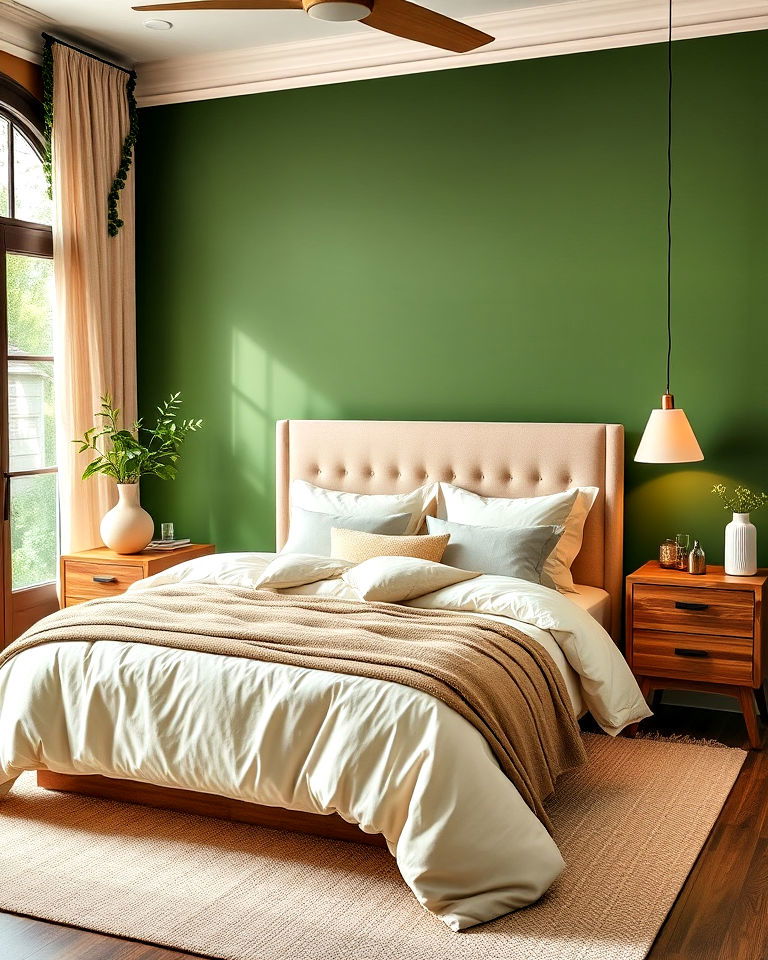 green accent wall with beige bedding