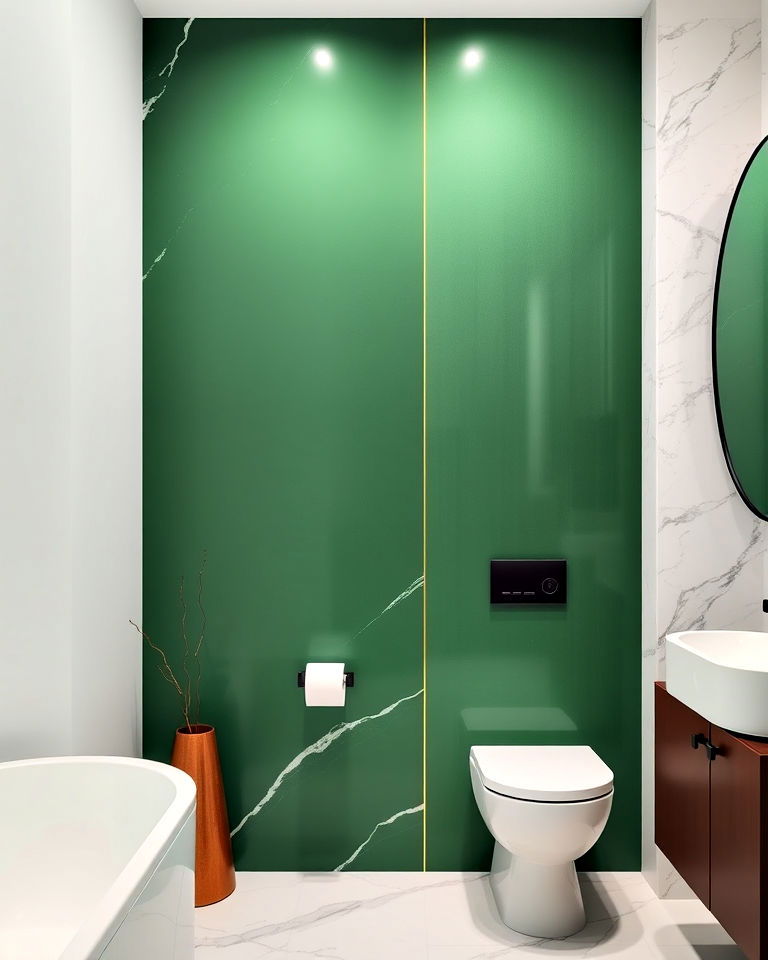 green accent wall with marble accents for bathroom