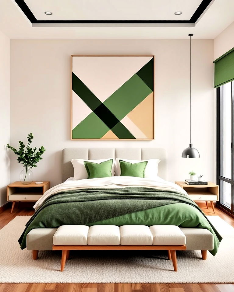 green and beige bedroom geometric art