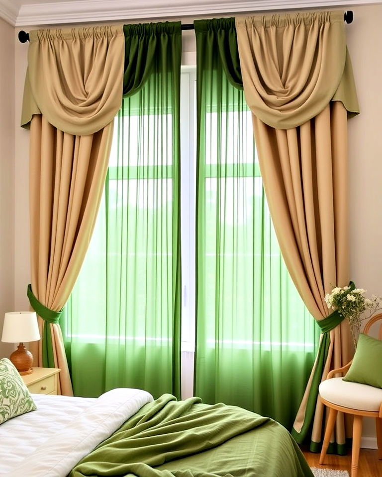 green and beige bedroom layered curtains