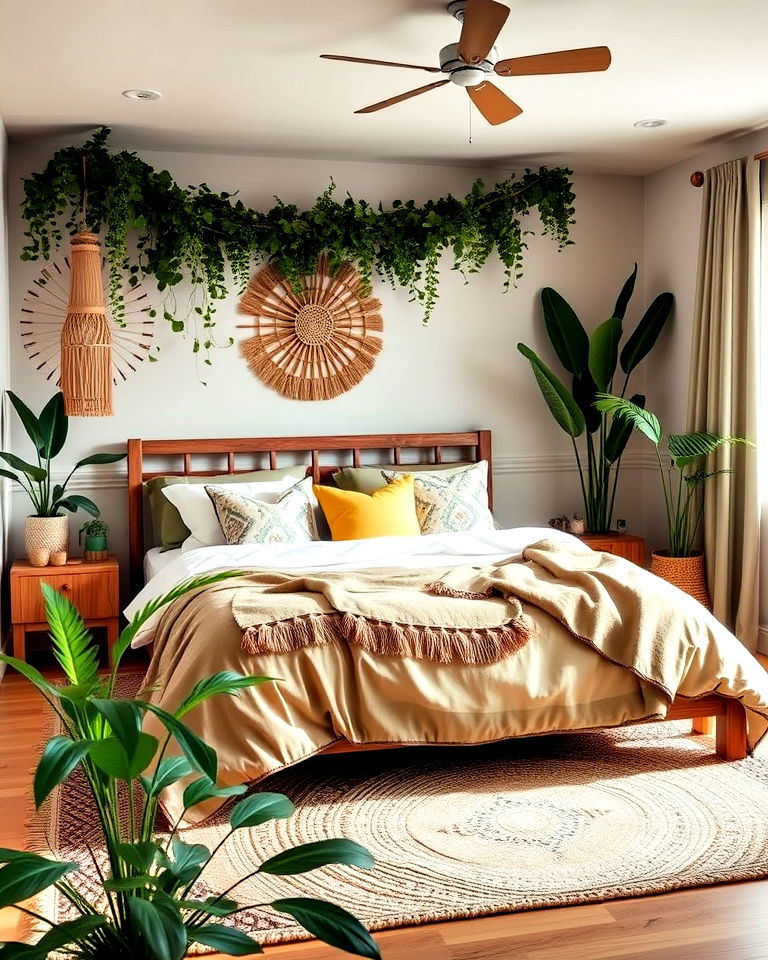 green and beige bohemian style bedroom