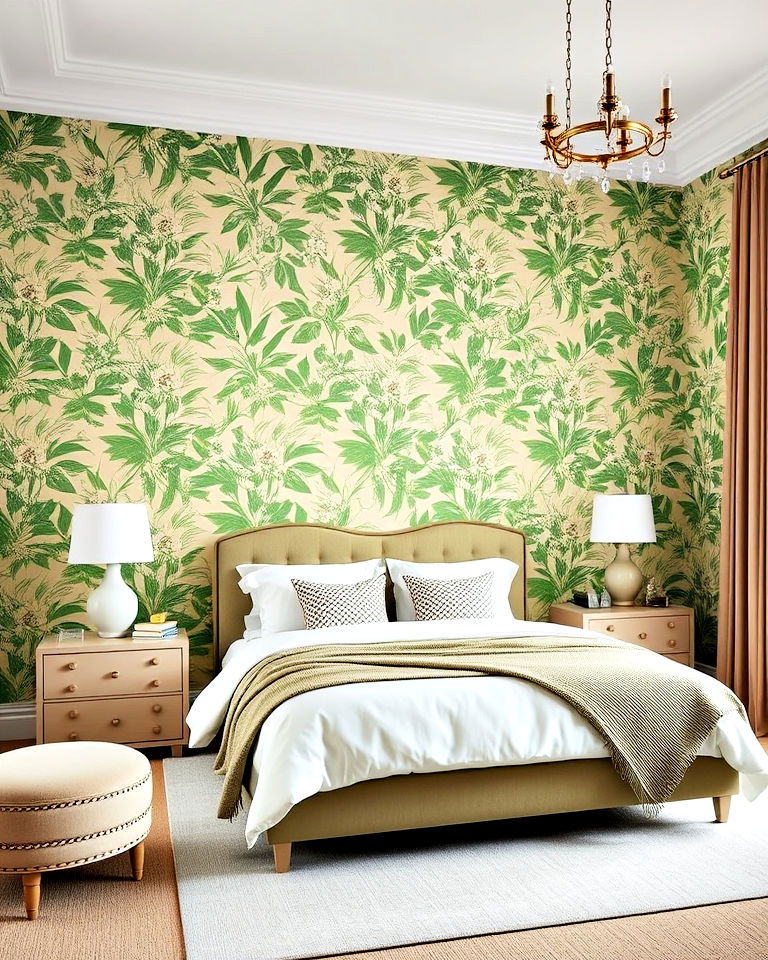 green and beige patterned wallpaper bedroom