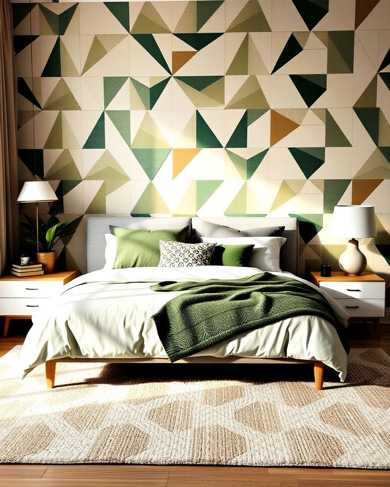 green and brown geometric patterned bedroom wallpaper