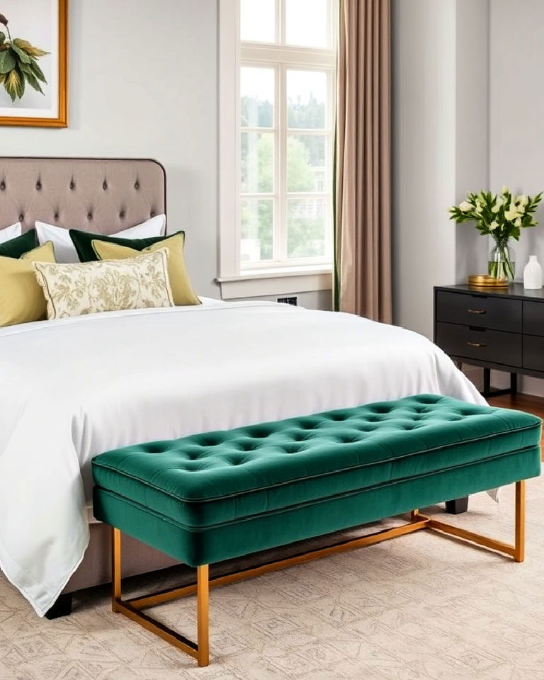 green and gold bench at the foot of the bed