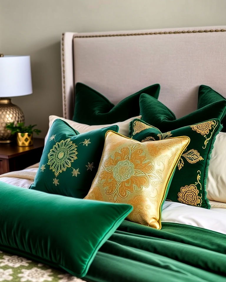 green and gold decorative pillows bedroom