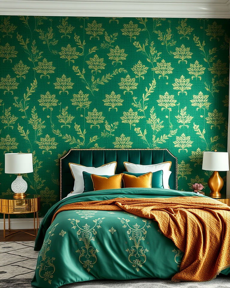 green and gold wallpaper accent wall bedroom