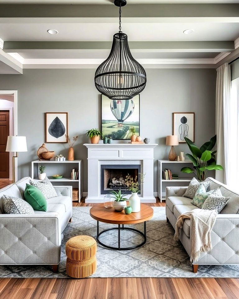 green and grey living room with boho chic accents