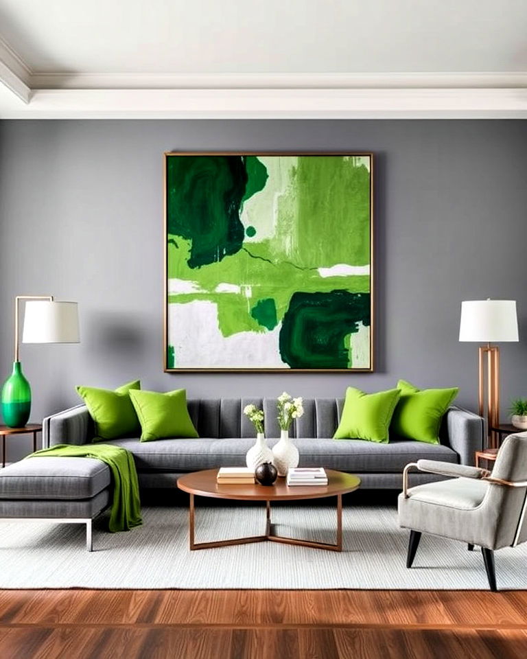 green and grey living room with bold artwork