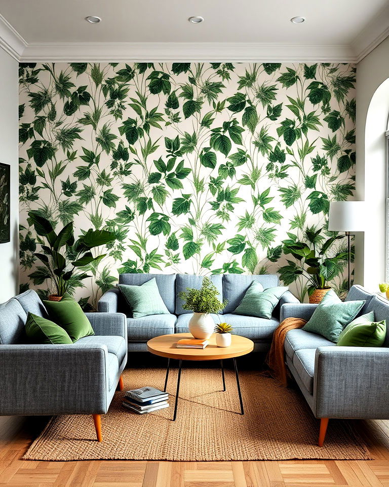 green and grey living room with botanical wallpaper