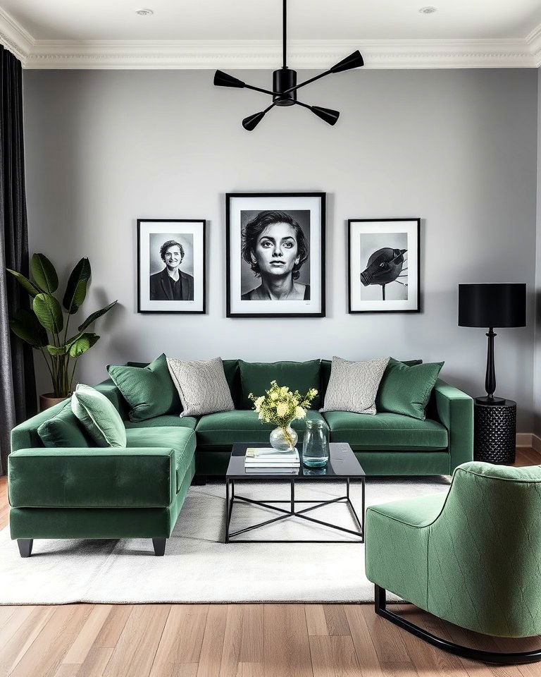 green and grey living room with high contrast black accents