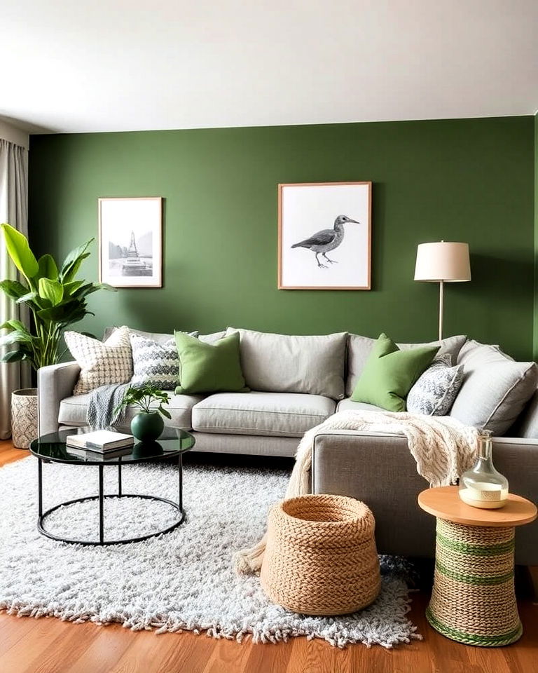 green and grey living room with layered textures
