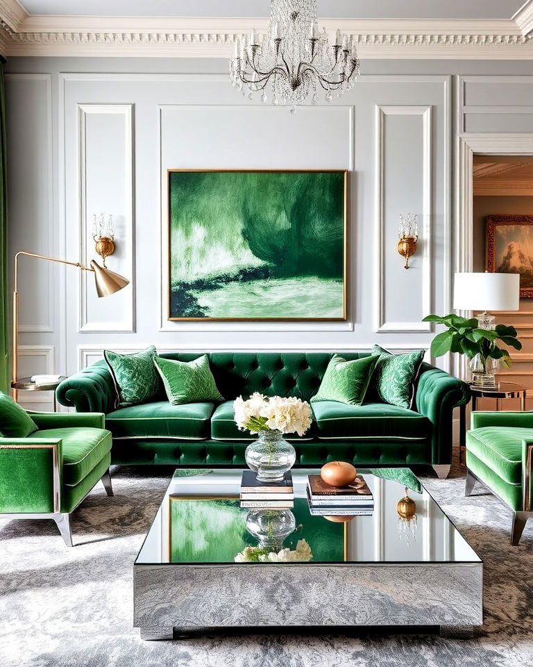 green and grey living room with luxe mirrored coffee table