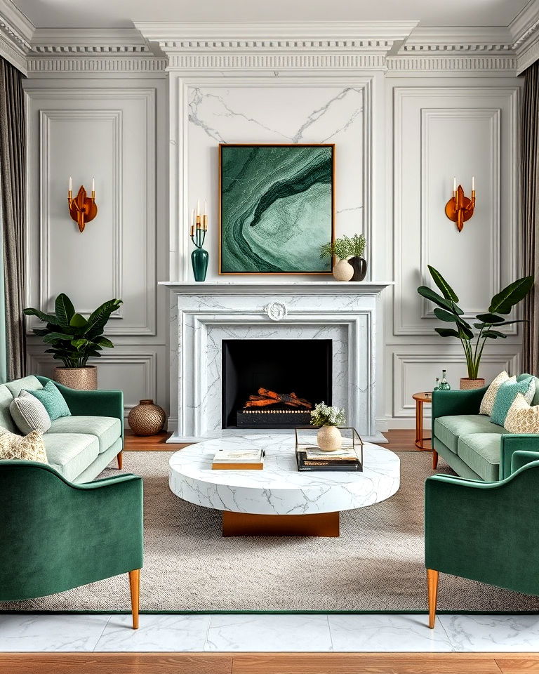 green and grey living room with luxurious marble accents